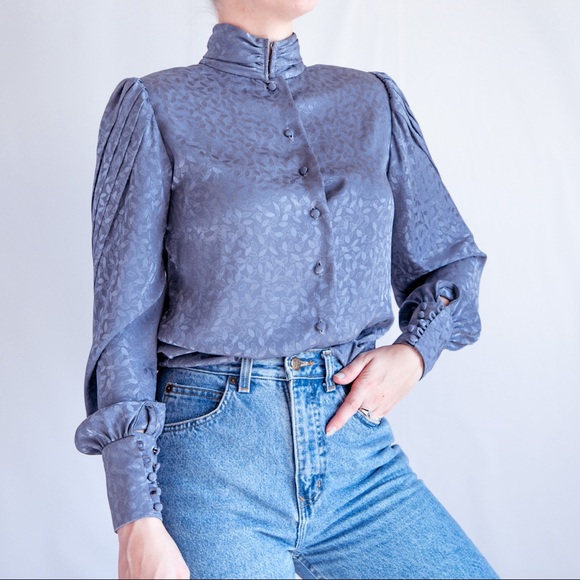 Vintage 70’s Gray Metallic High Neck Blouse XS - Picture 2 of 9